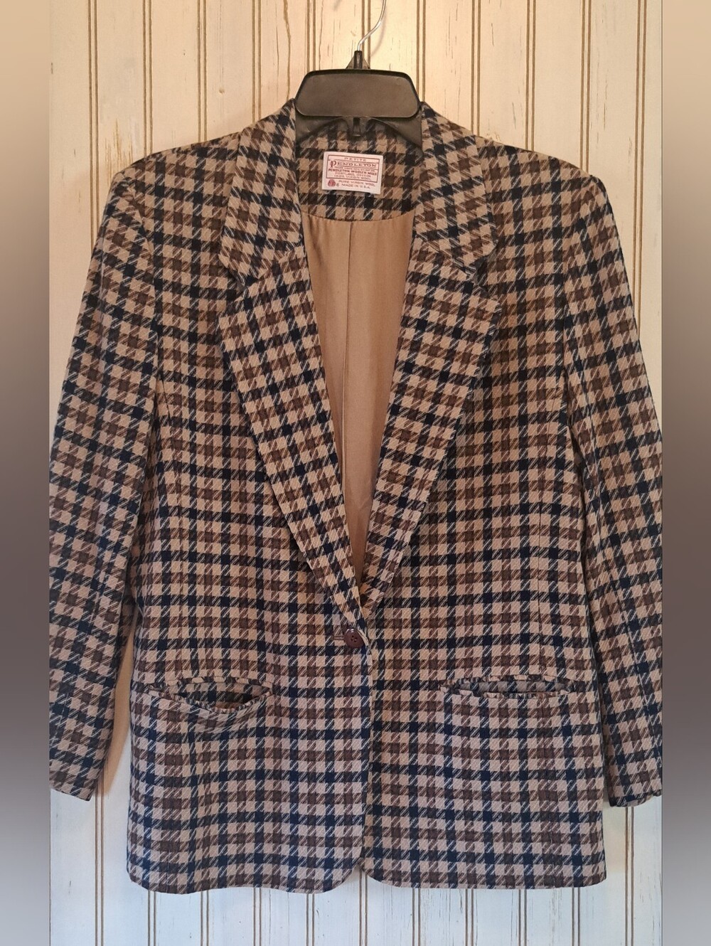 Vtg Pendleton Blazer Lined Wool Equestrian Plaid Browns Blue Office Organic 12